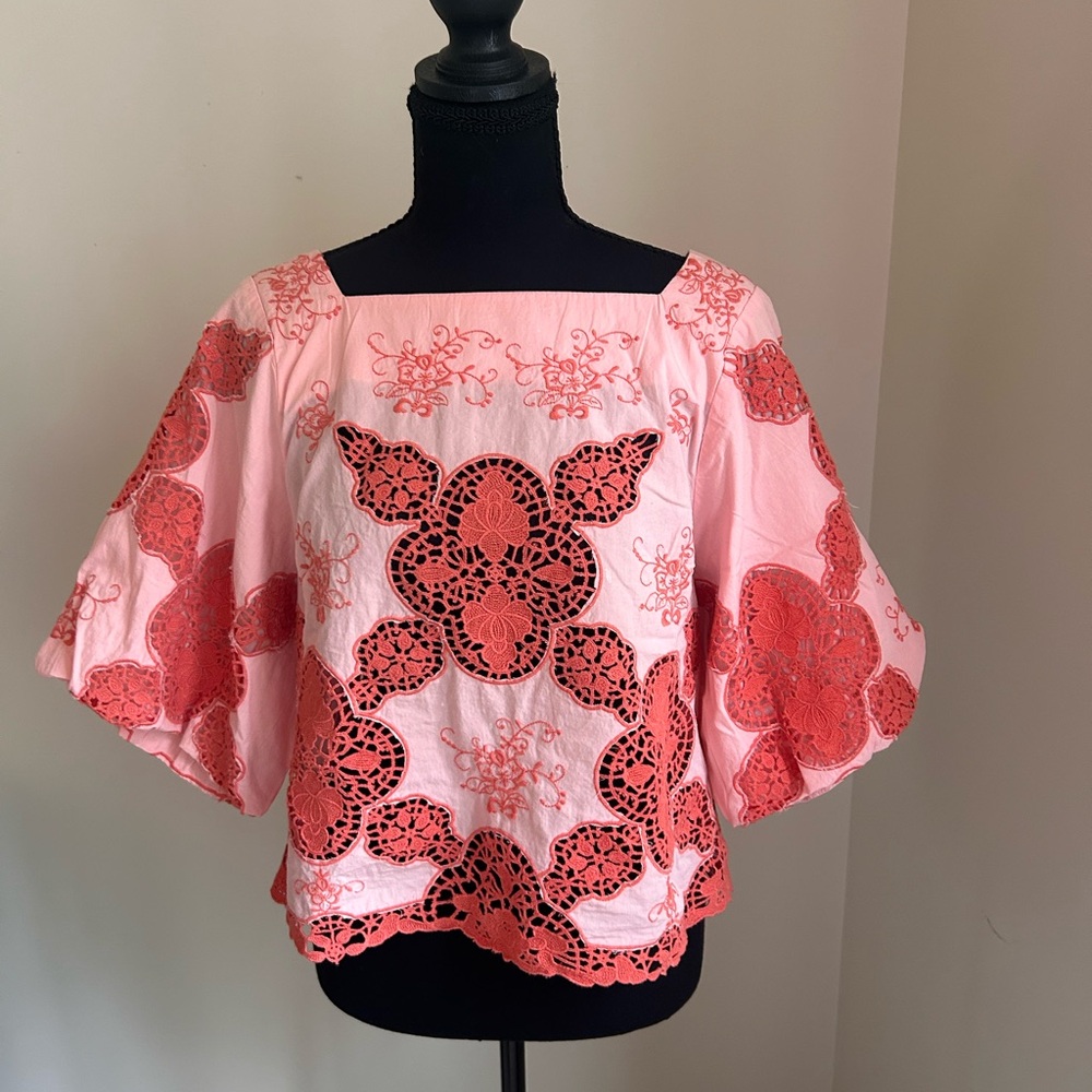 Anthropologie Pink and Red Lace Blouse